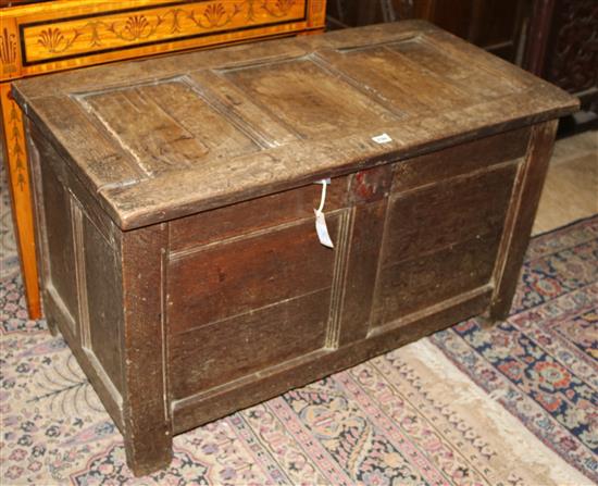 An early 18th century oak coffer, width 3ft 6in.